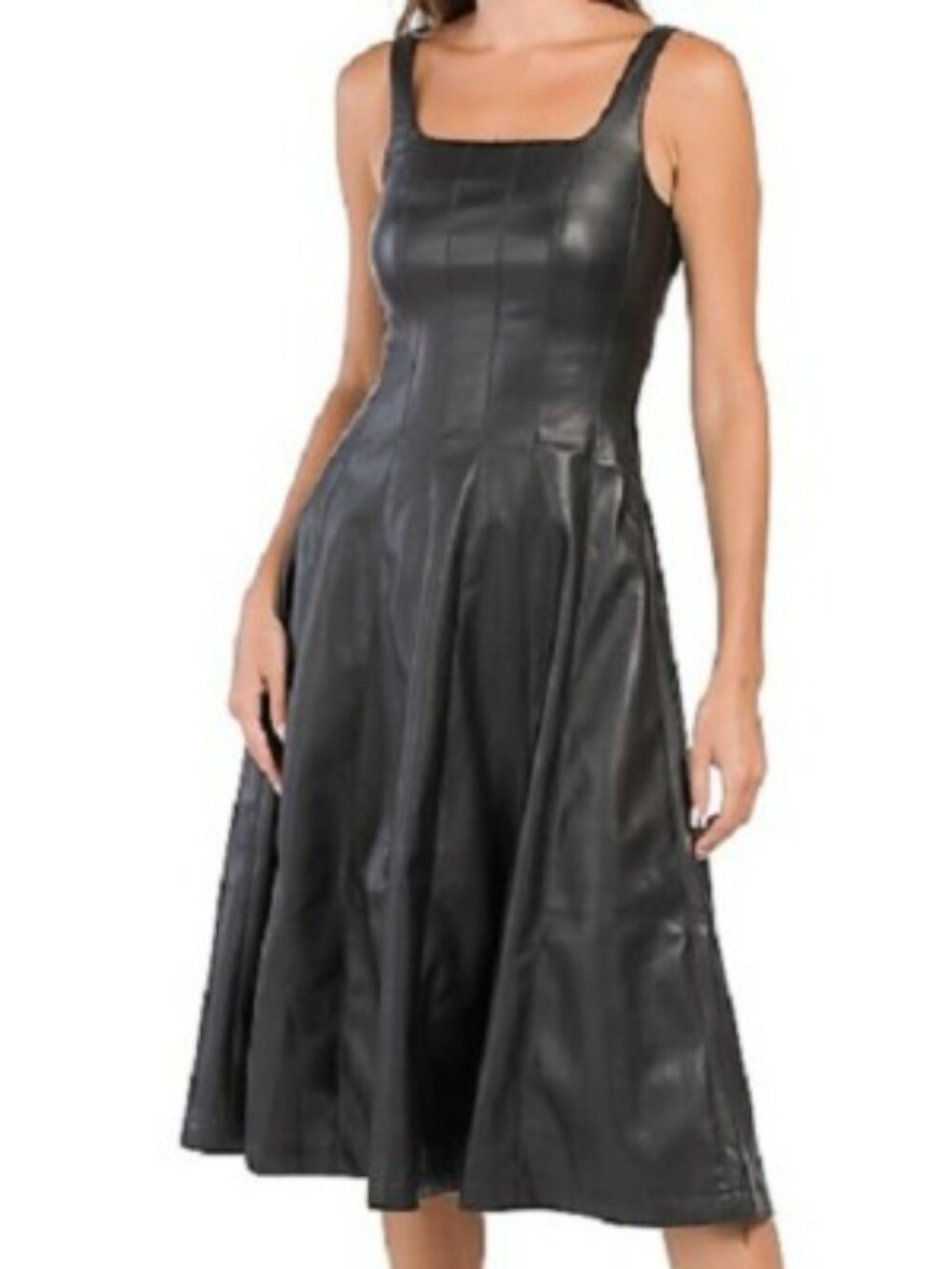 7 For All Mankind Black Faux-Leather Midi Dress. SZ S - Picture 2 of 5